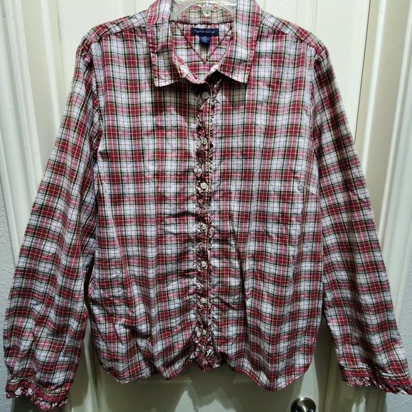 TOMMY HILFIGER Plaid Long-Sleeve Ruffled Button-Up Shirt, XXL - Picture 2 of 9